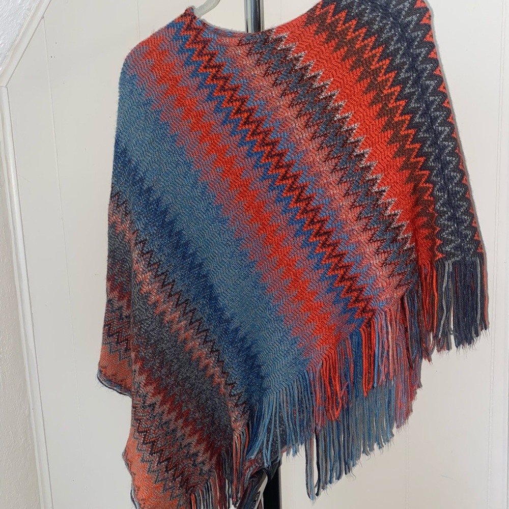 OS Multicolored Frayed Poncho